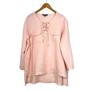 Ellen Tracy 100% Linen Lace-Up Tunic Top XXL Champagne‎ Pink Roll Tab Sleeves